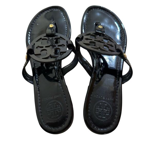 TORY BURCH Black Patent Leather Miller Classic Designer Logo Sandals Size 9.5 - Picture 3 of 8
